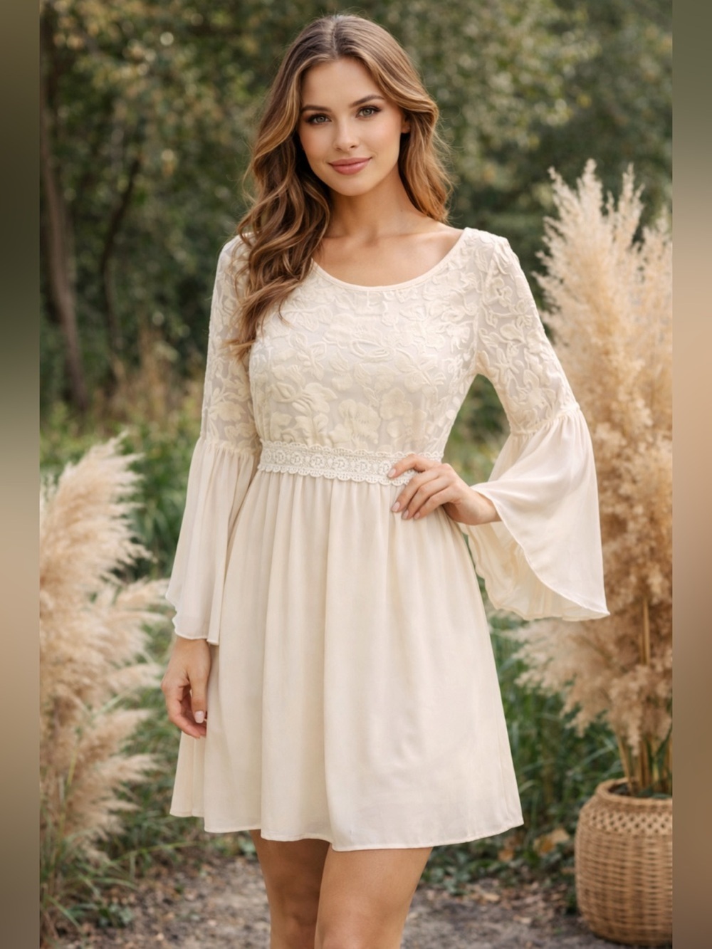 Flying Tomato Velvet Burnout babydoll dress Sz M ivory chiffon boho sheer Lace